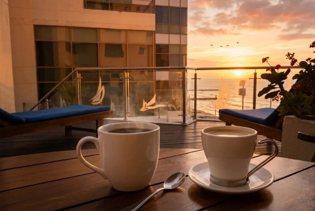 Dos tazas de café en la terraza del Hotel Regatta Cartagena con vista al mar Caribe al atardecer
