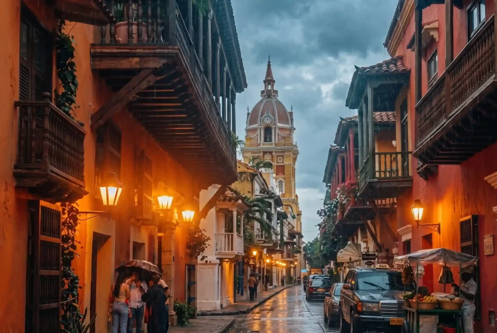 Centro histórico de Cartagena bajo la lluvia con faroles encendidos y la Torre del Reloj al fondo.