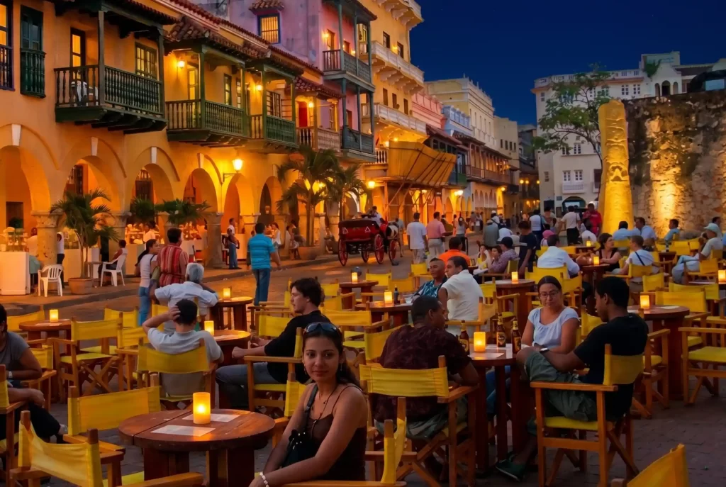 Plaza de los Coches en Cartagena de noche con mesas al aire libre, ambiente colonial iluminado y vida nocturna.
