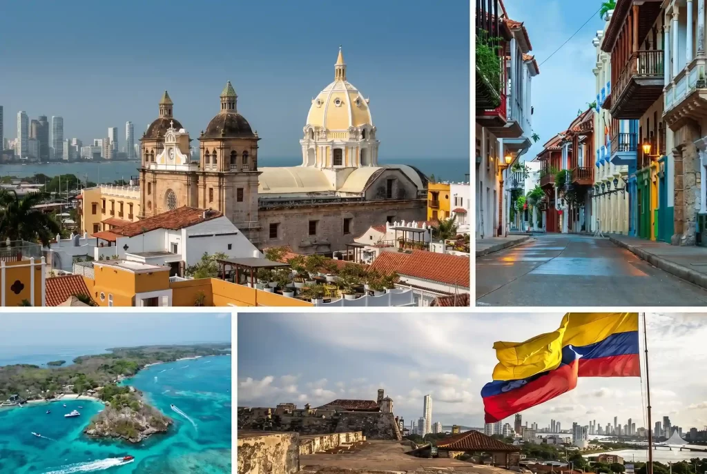 Collage de Cartagena de Indias: catedral colonial, calles históricas, islas caribeñas y Castillo San Felipe.