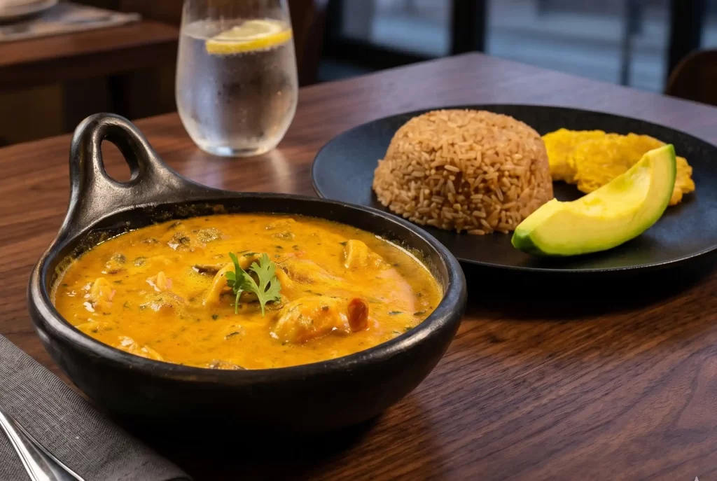 Cazuela de mariscos con arroz con coco y aguacate, platos típicos de la gastronomía cartagenera.