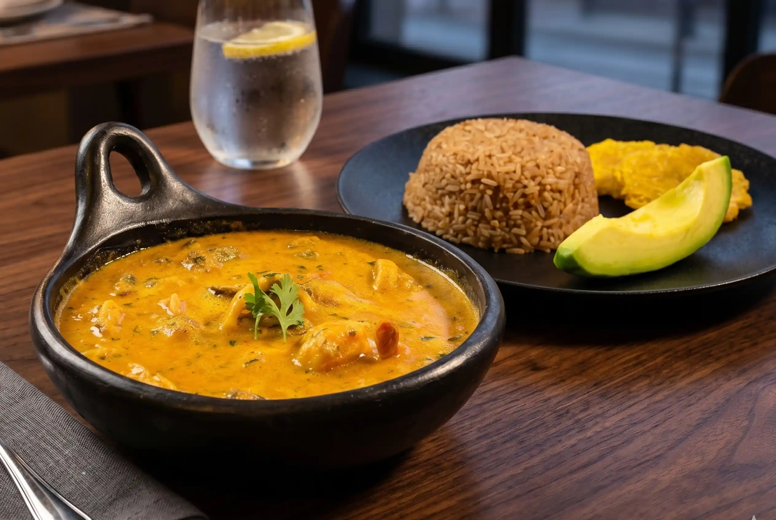 Cazuela de mariscos con arroz con coco y aguacate, platos típicos de la gastronomía cartagenera.