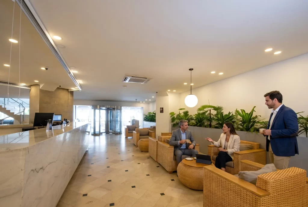 Tres profesionales en reunión informal en el lobby del Hotel Regatta Cartagena, espacio corporativo en Bocagrande.