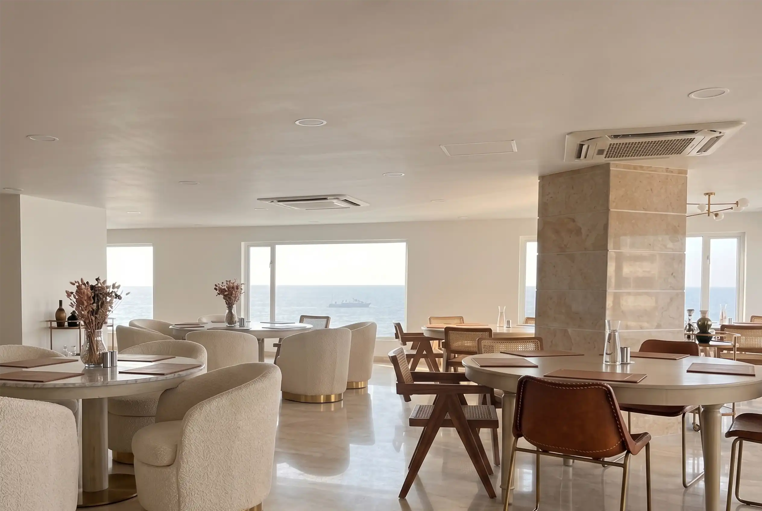 Salón con vista al mar Caribe en el Hotel Regatta Cartagena, espacio para reuniones de negocios en Bocagrande.
