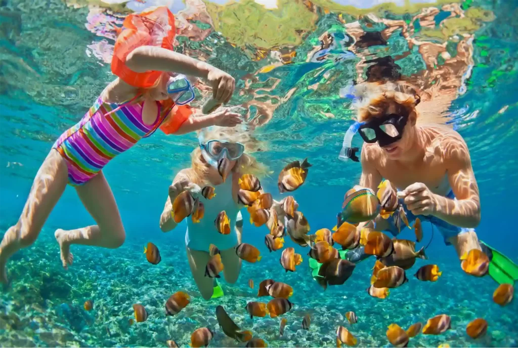 Family snorkeling among tropical fish in crystal clear Caribbean waters near Cartagena, Colombia.