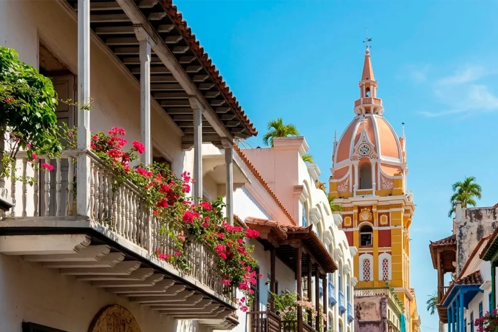 Balcón colonial y catedral en la ciudad amurallada de Cartagena