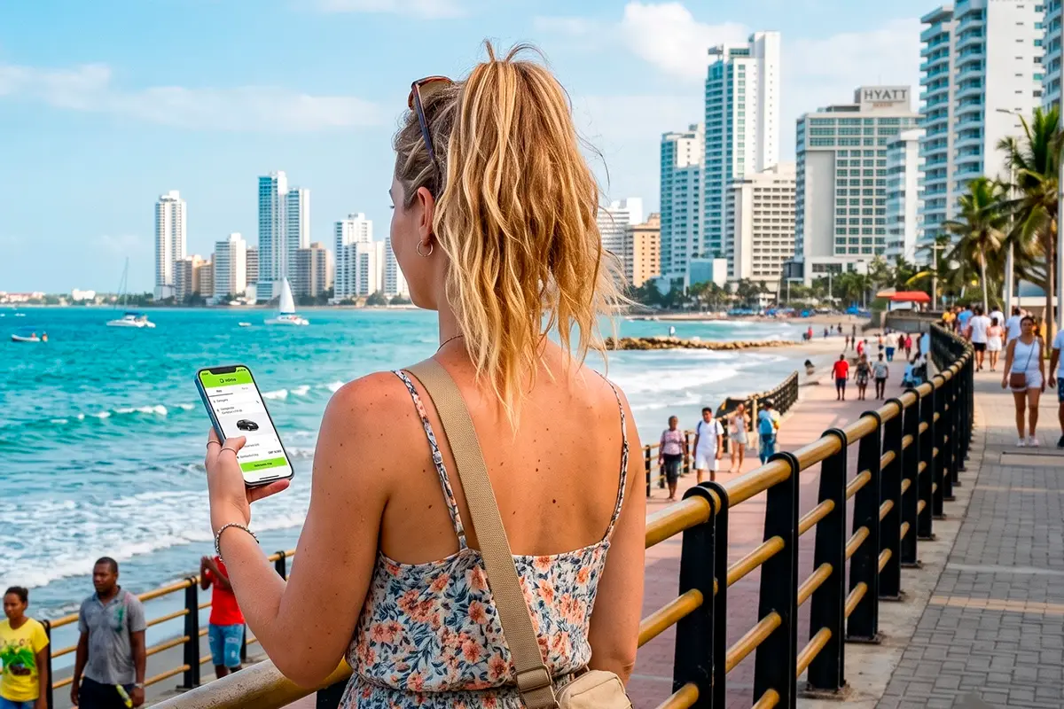 Turista usando app de transporte en el malecón de Cartagena