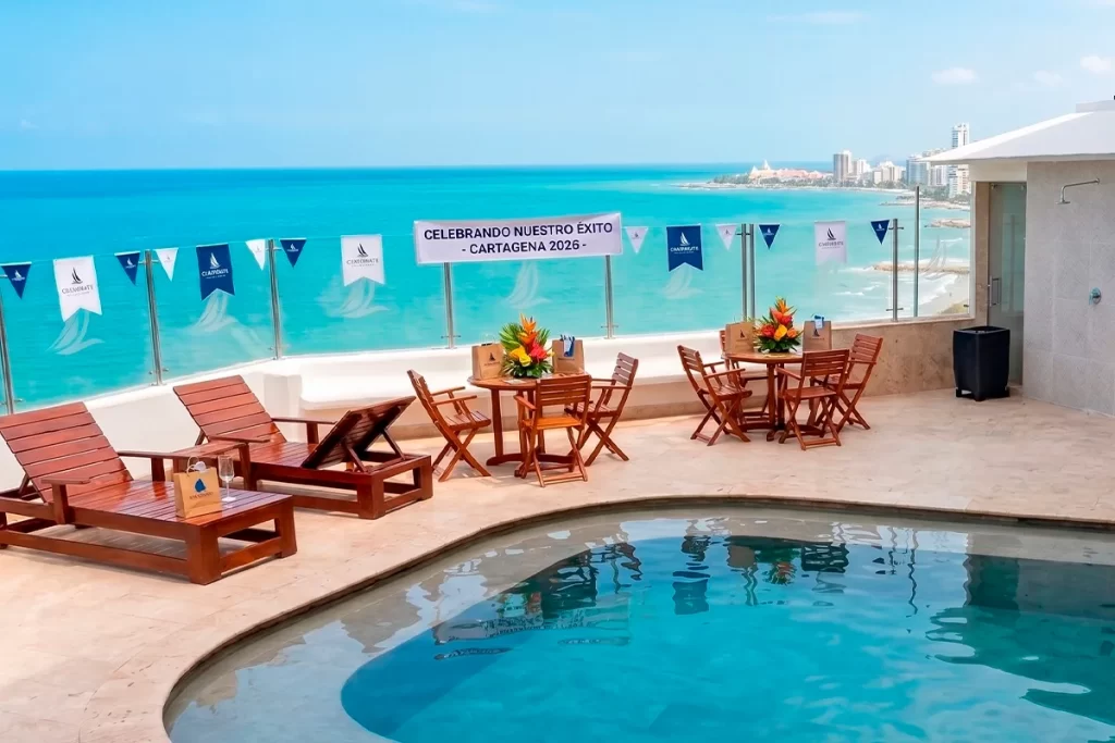 Rooftop terrace with pool set up for a corporate event