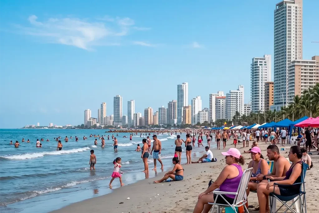 Playa de Bocagrande llena de turistas en temporada alta en Cartagena

