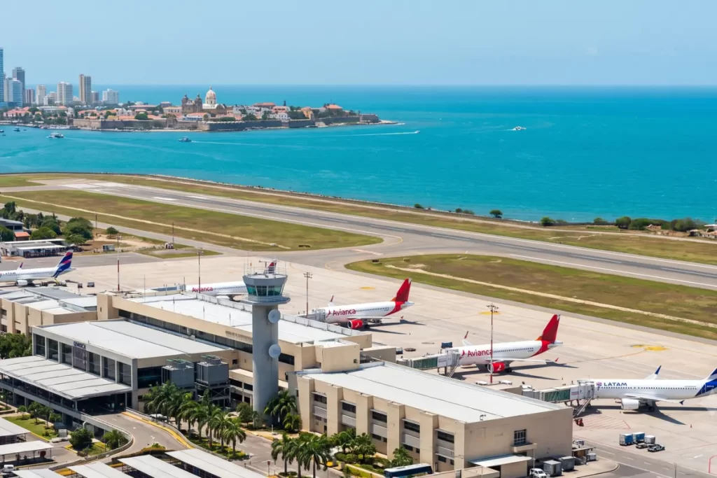 Vista aérea del Aeropuerto Internacional Rafael Núñez de Cartagena con aviones en pista, el mar Caribe y la ciudad amurallada al fondo.