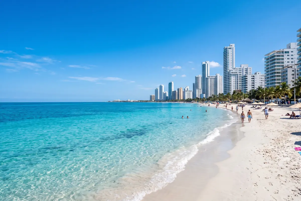 Playa de agua turquesa y arena blanca con rascacielos al fondo durante un día soleado de enero en Cartagena.
