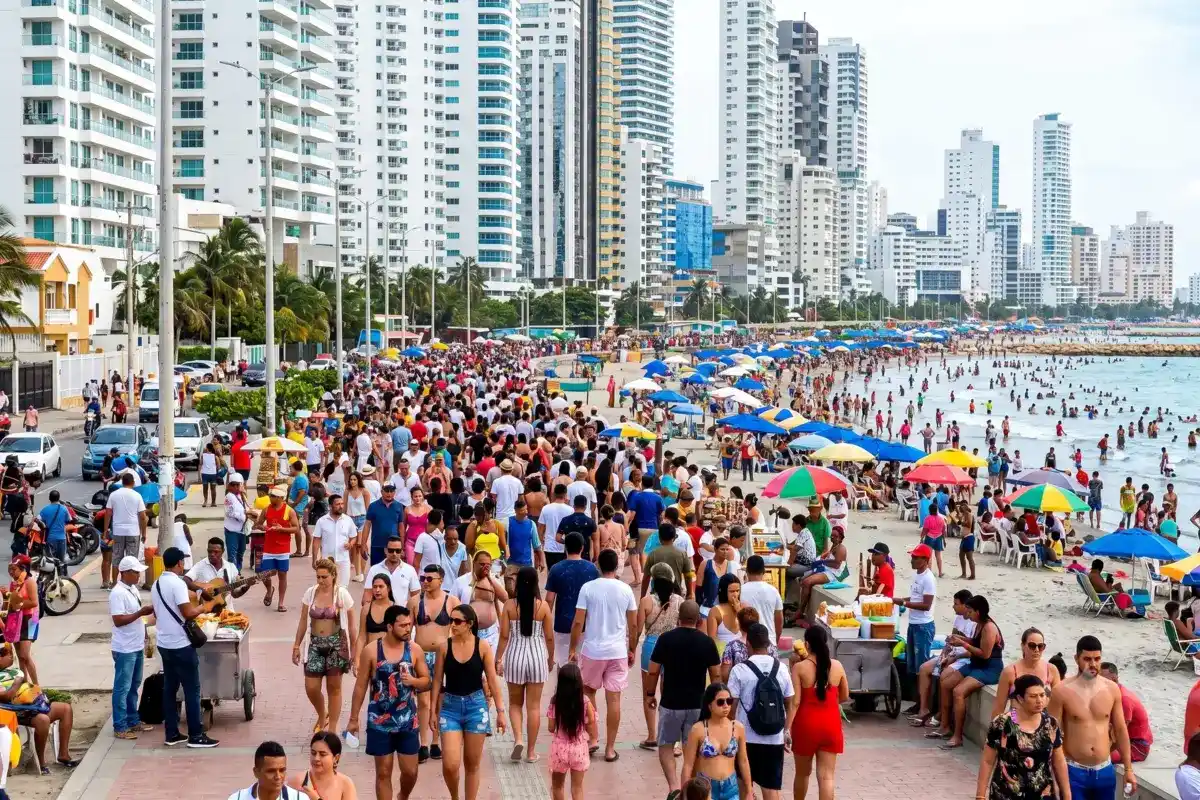 Crowded boardwalk and beach filled with tourists near modern skyscrapers during Holy Week in Cartagena.