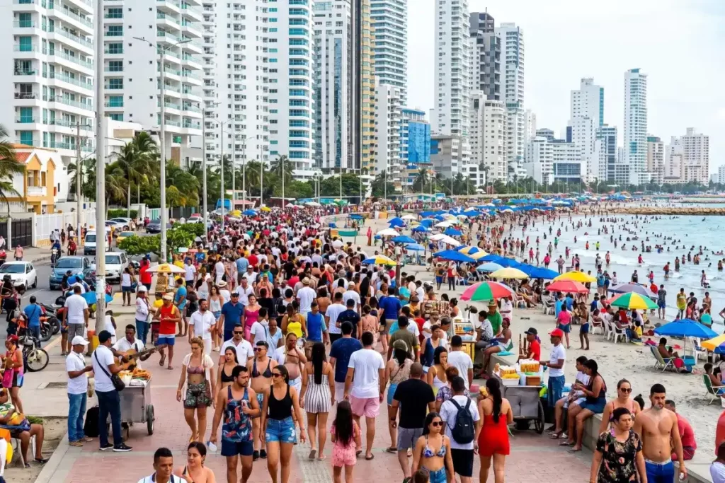 Multitud de turistas paseando por el malecón y disfrutando de la playa rodeada de rascacielos durante Semana Santa en Cartagena.