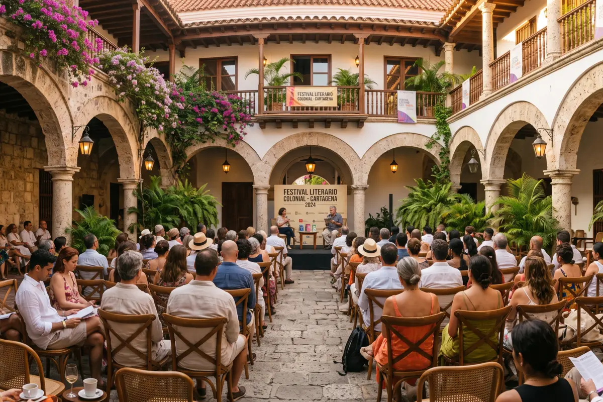 Evento del Festival Literario Colonial en un patio colonial con arcos y personas sentadas en sillas de madera en Cartagena.