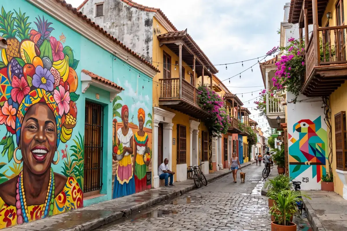Cobblestone street in Getsemaní neighborhood Cartagena featuring vibrant street art murals, colorful historic buildings, and flower balconies.