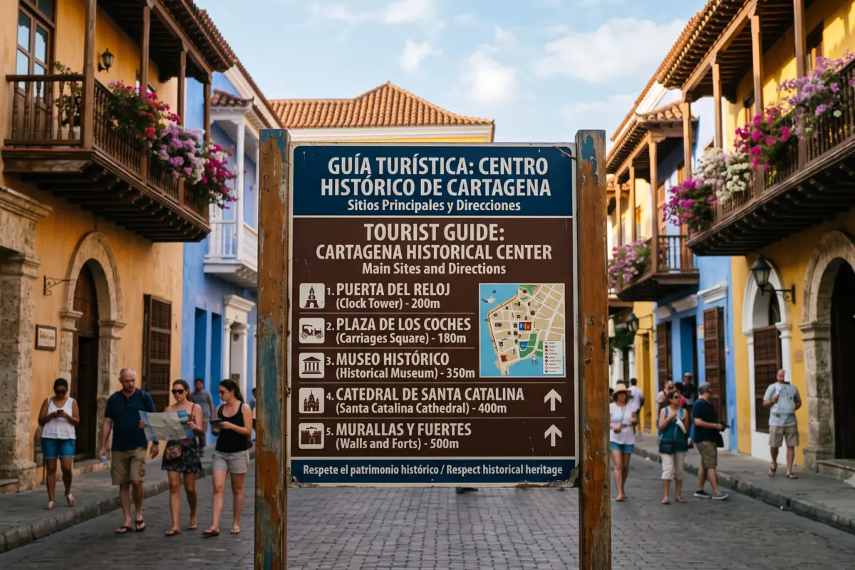 Letrero de guía turística en una calle colonial con turistas caminando por el centro histórico de Cartagena
