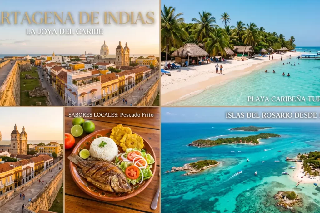 Collage con fotos de la ciudad amurallada, playas e Islas del Rosario para vacaciones en Cartagena itinerario 7 dias.