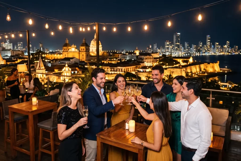 Grupo de amigos brindando de noche en un bar en la terraza con vista al centro histórico iluminado de Cartagena.