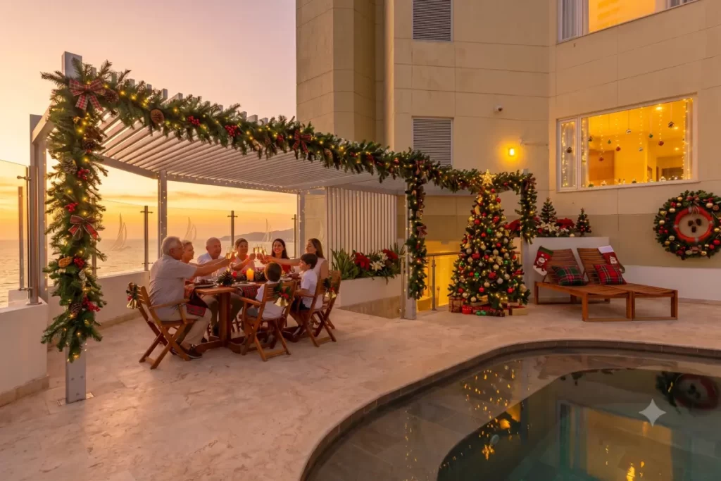 Familia celebrando una cena de Navidad en la terraza con piscina de un hotel al atardecer en Cartagena.