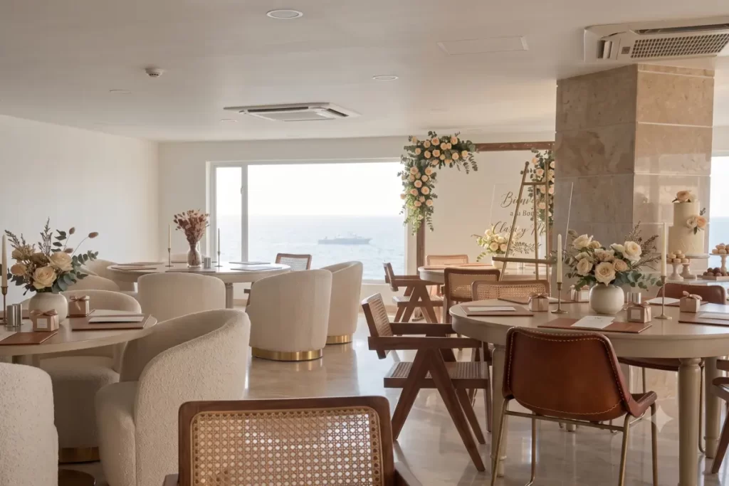 Salón decorado con vista al mar para bodas en cartagena hoteles salones.