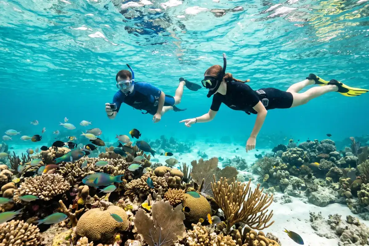 Two people practicing eco-friendly snorkeling among tropical fish and coral reefs in Cartagena, Colombia