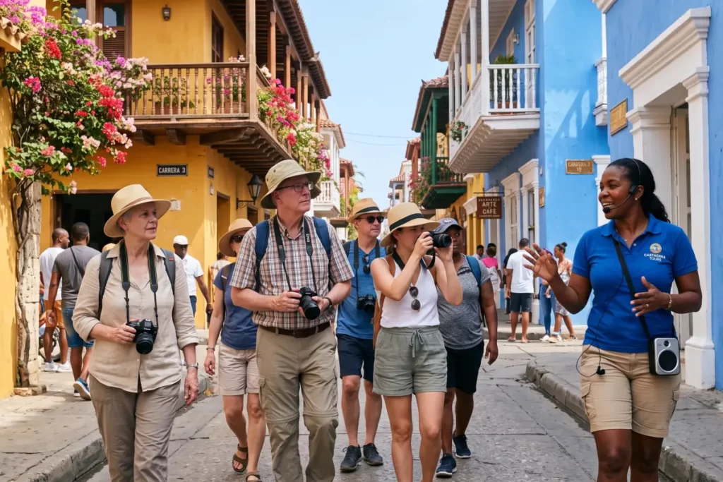 Guía turística local mostrando el centro histórico a un grupo de turistas internacionales con cámaras en Cartagena.