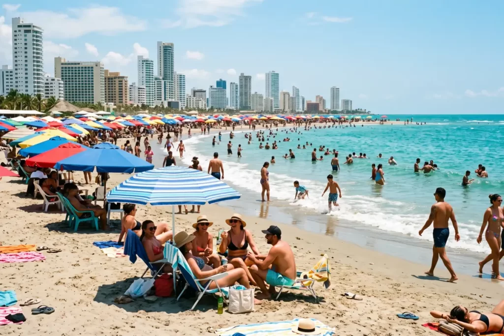 Turistas disfrutando en la playa de Bocagrande en Cartagena, Colombia.