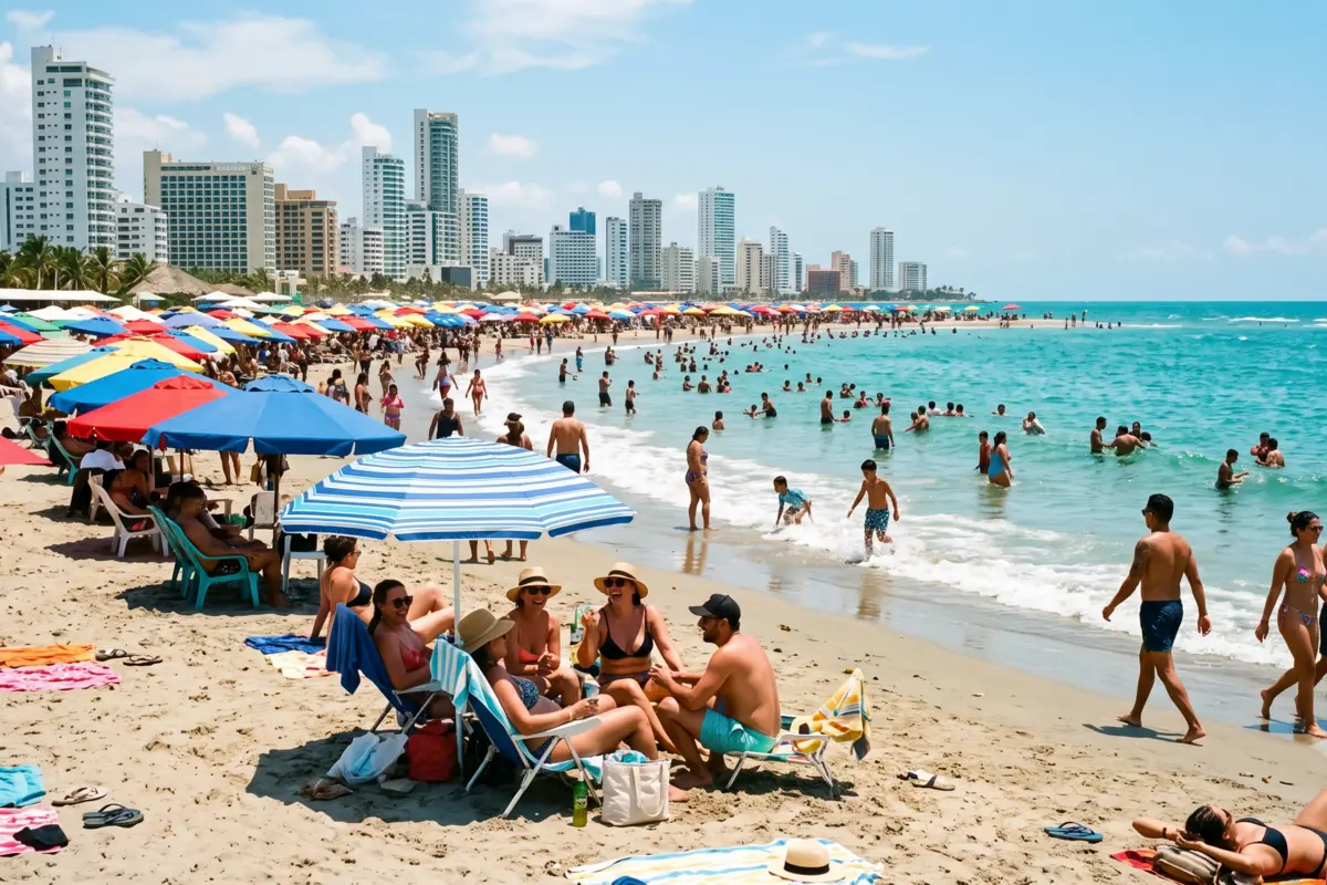 Turistas disfrutando en la playa de Bocagrande en Cartagena, Colombia.