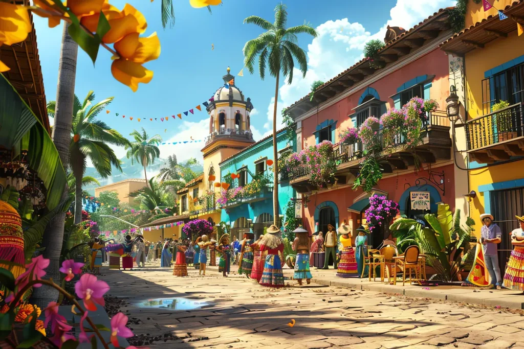 Calle colonial pintoresca en Cartagena con fachadas coloridas, balcones con flores y gente vistiendo trajes tradicionales.