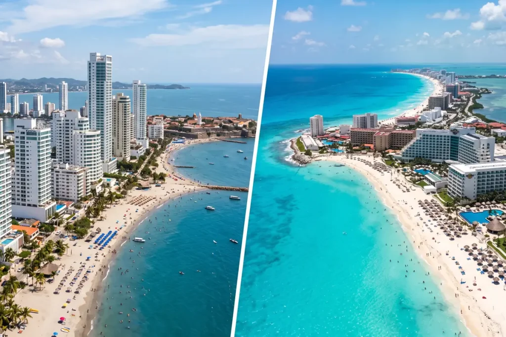 Vista aérea dividida comparando las playas y rascacielos de Cartagena frente a la costa turquesa de Cancún.