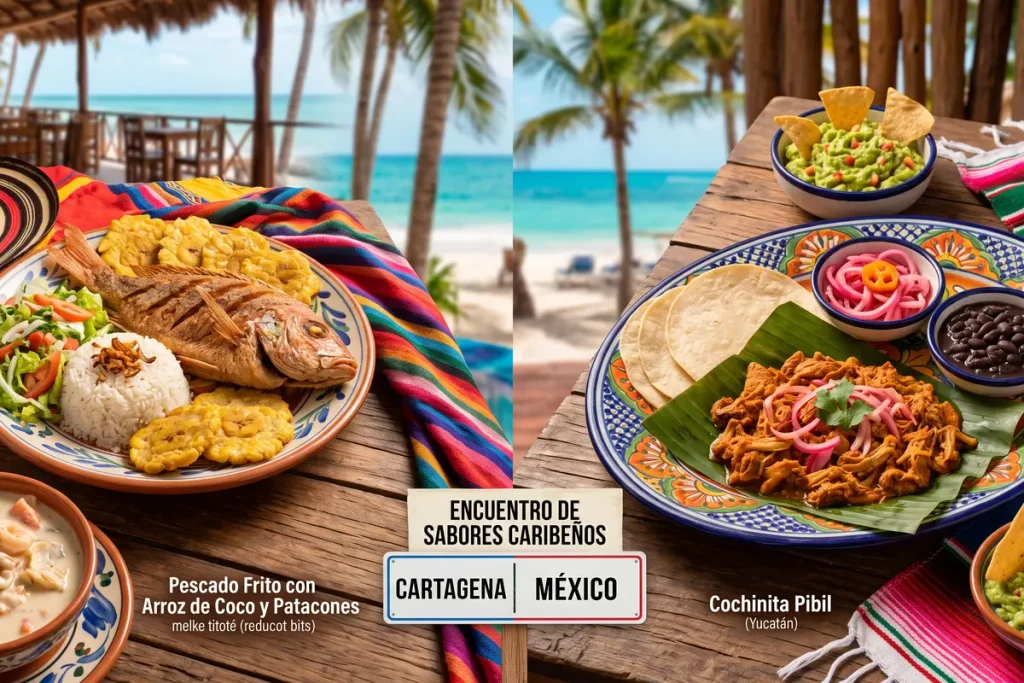 Comparación gastronómica entre un plato de pescado frito con arroz de coco de Cartagena y cochinita pibil de México.