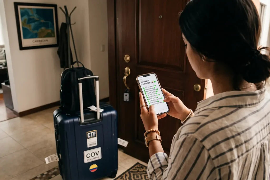 Traveler checking a Cartagena trip checklist on her smartphone next to her luggage before leaving.