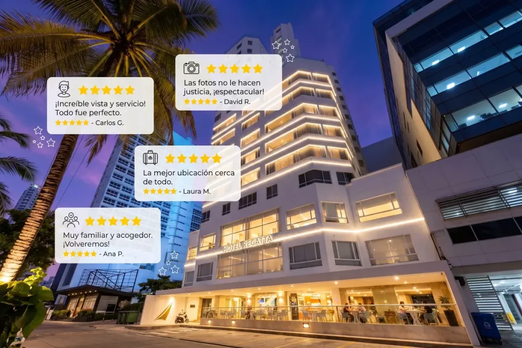 Night view of illuminated Hotel Regatta Cartagena building with five-star guest review overlays.