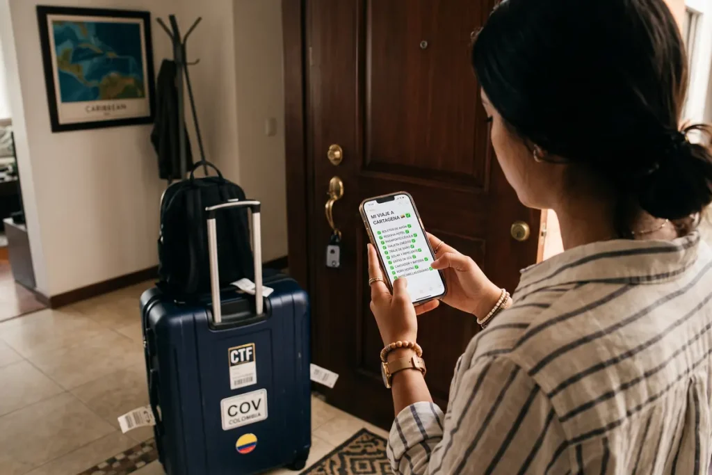 Viajera revisando una lista de verificación de viaje a Cartagena en su celular junto a su equipaje.