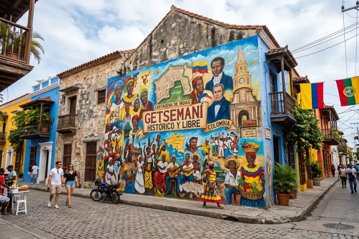 Gran mural colorido "Getsemaní Histórico y Libre" en la fachada de una casa colonial en Cartagena.