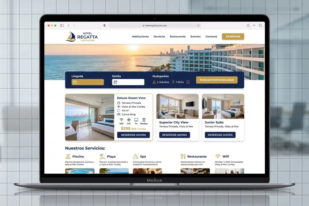 Laptop mostrando la página web oficial de reservas del Hotel Regatta Cartagena con opciones de habitaciones.