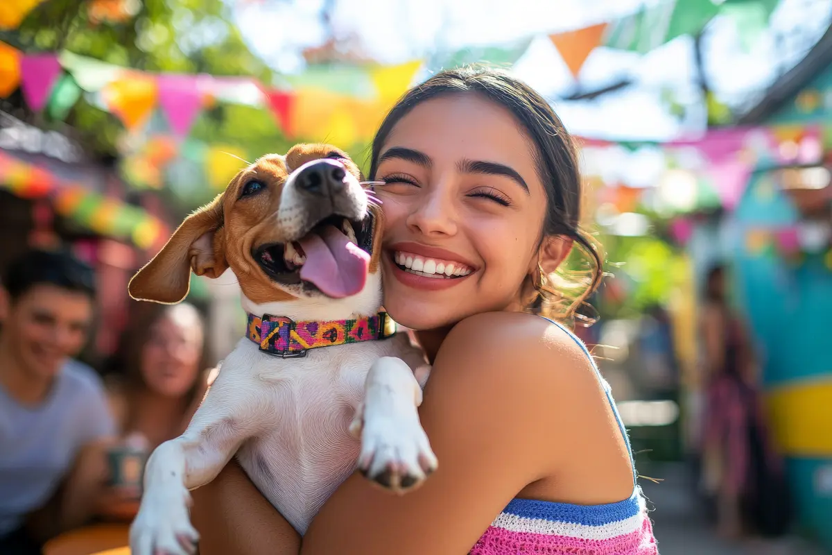 Smiling woman hugging her beagle dog in a colorful street of Cartagena on a pet friendly vacation.