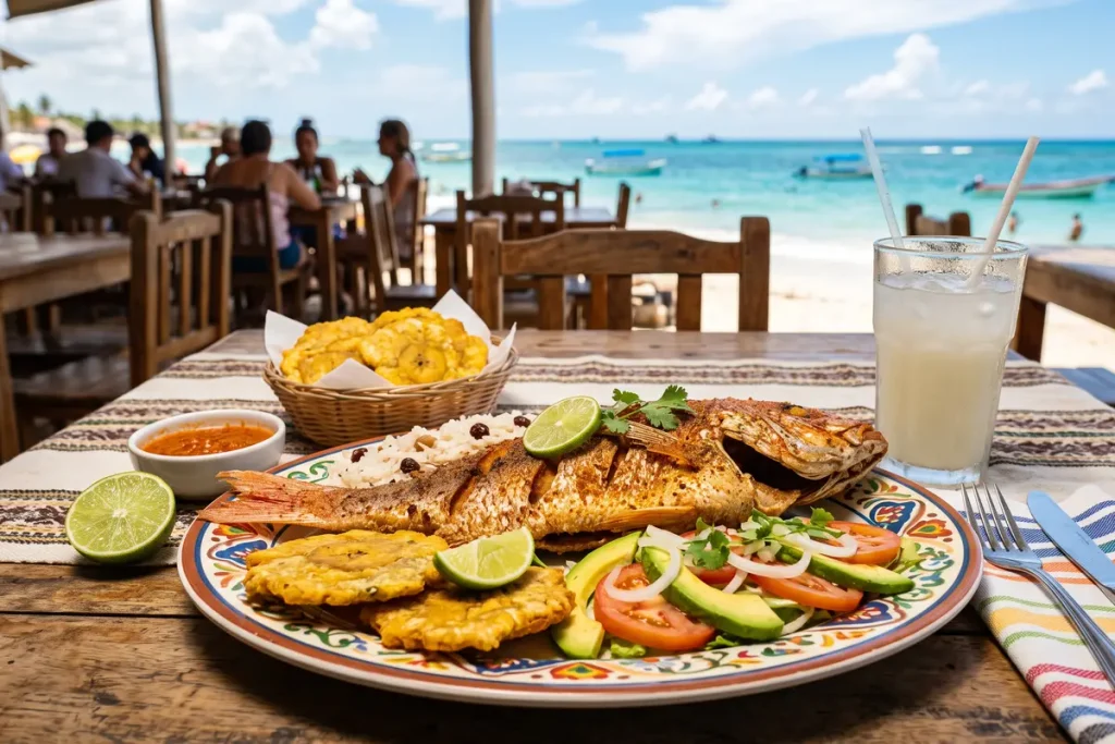Plato de pescado frito tradicional de Cartagena con arroz de coco, patacones y ensalada frente al mar.