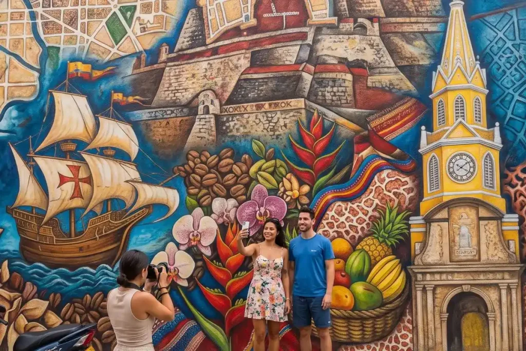Tourist couple posing for a photo in front of a colorful Getsemani street art mural in Cartagena.