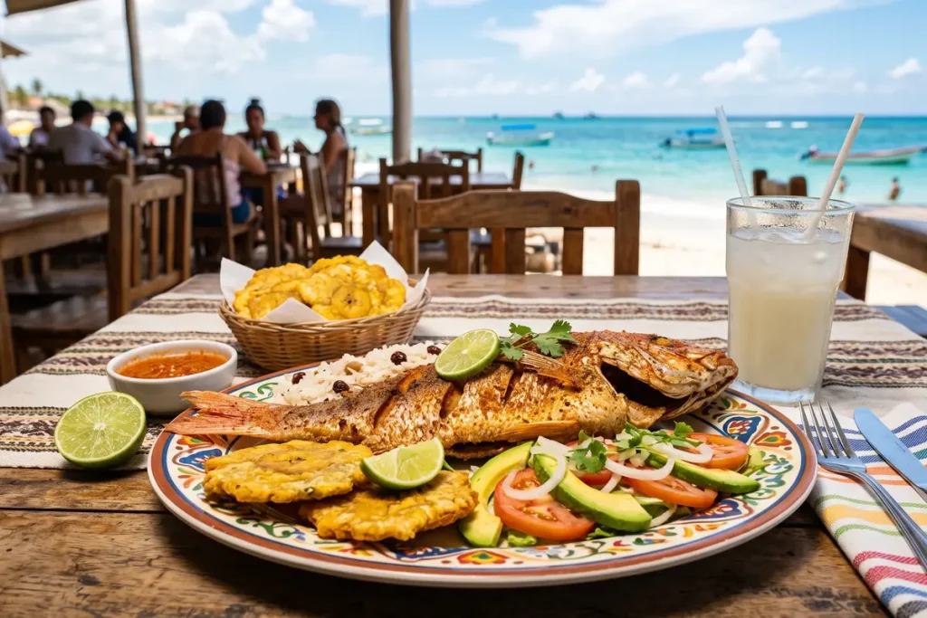 Traditional fried fish plate from Cartagena with coconut rice, fried plantains, and salad in front of the sea.