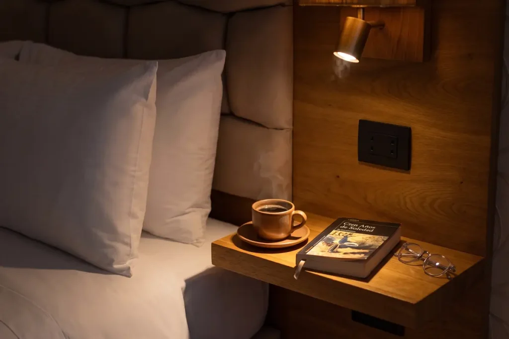 Taza de café caliente junto al libro Cien Años de Soledad sobre la mesa de noche en una habitación de hotel para un viaje slow en Cartagena.