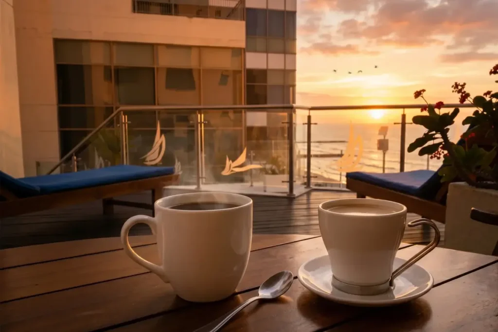 Tazas de café en una terraza frente al mar al atardecer, ideal entre los planes para viajar a Cartagena en octubre